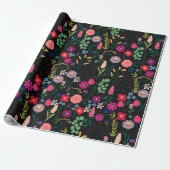 Boho Botanische Waterverf Bloemen Zwart Cadeaupapier (Uitgerold)