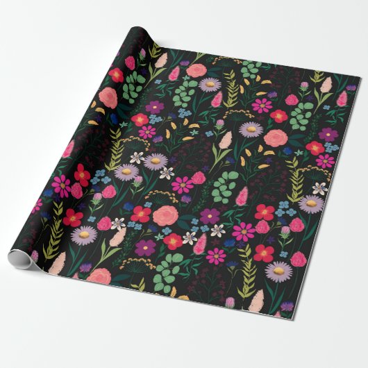 Boho Botanische Waterverf Bloemen Zwart Cadeaupapier (Uitgerold)