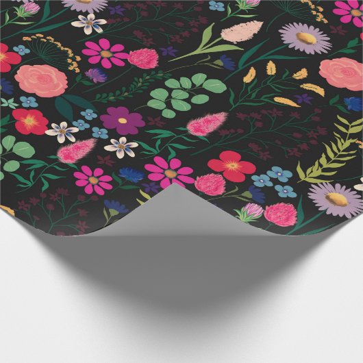 Boho Botanische Waterverf Bloemen Zwart Cadeaupapier (Hoek)