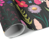 Boho Botanische Waterverf Bloemen Zwart Cadeaupapier (Rol Hoek)