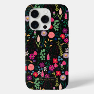 Boho Botanische Waterverf Bloemen Zwart iPhone 15 Pro Case