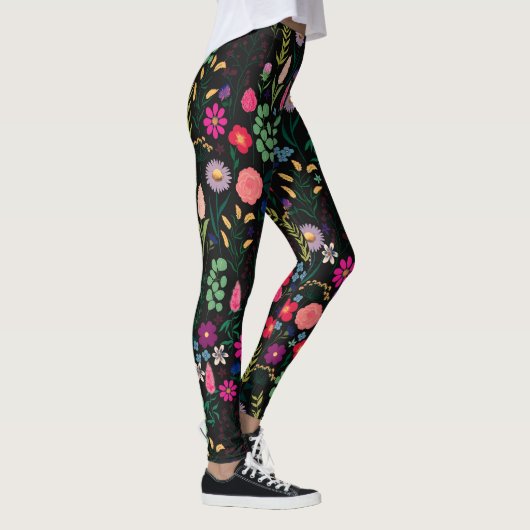 Boho Botanische Waterverf Bloemen Zwart Leggings (Rechts)