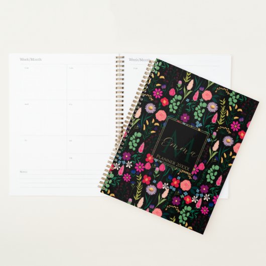 Boho Botanische Waterverf Bloemen Zwart Planner (Display)