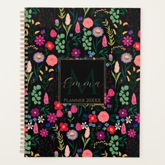 Boho Botanische Waterverf Bloemen Zwart Planner (Voorkant)