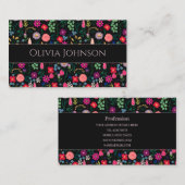 Boho Botanische Waterverf Bloemen Zwart Visitekaartje (Voorkant / Achterkant)