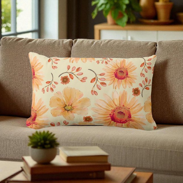Boho Botanische Waterverf Cream Sinaasappel Bloeme Kussen (Creator heeft geüpload)