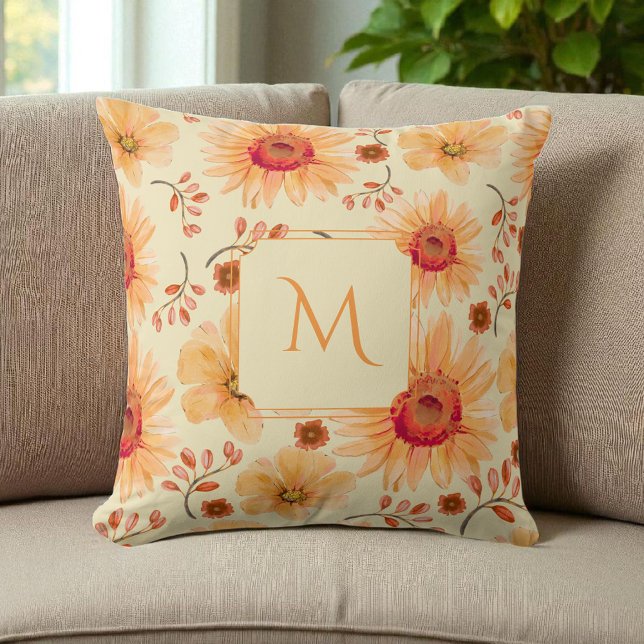 Boho Botanische Waterverf Cream Sinaasappel Bloeme Kussen (Creator heeft geüpload)