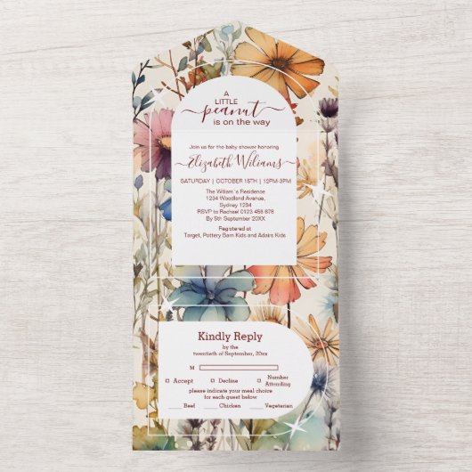 Boho Botanische Waterverf Wildbloemen Baby shower All In One Uitnodiging (Binnen)