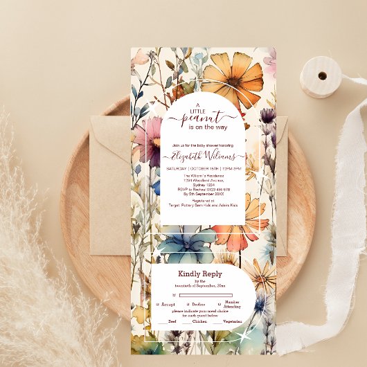 Boho Botanische Waterverf Wildbloemen Baby shower All In One Uitnodiging