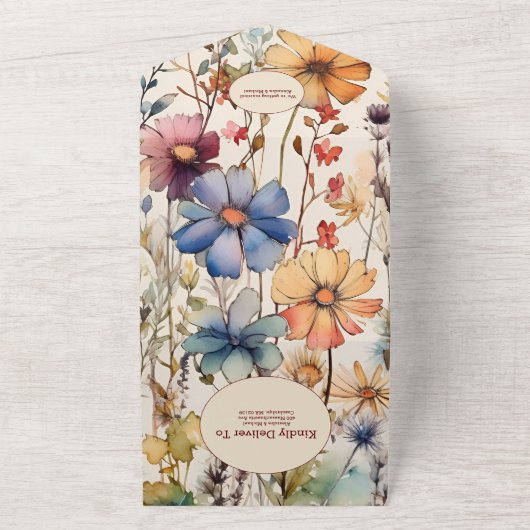 Boho Botanische Waterverf Wildbloemen Weddenschap All In One Uitnodiging (Buitenkant)