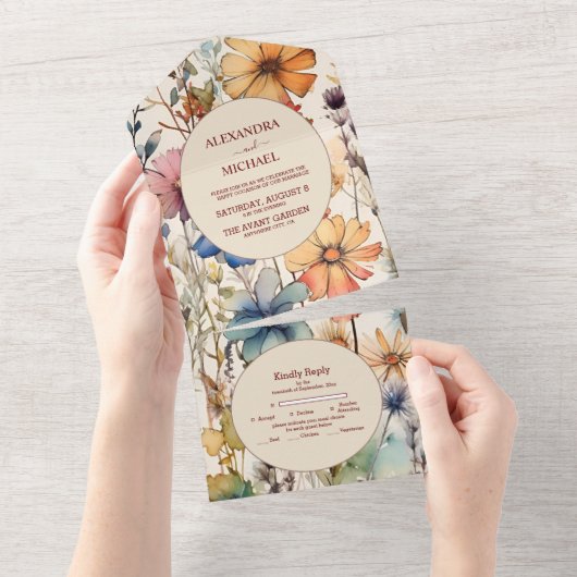 Boho Botanische Waterverf Wildbloemen Weddenschap All In One Uitnodiging (Afscheurbaar)