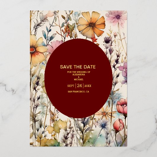 Boho Botanische Waterverf Wildbloemen Weddenschap Folie Uitnodiging (Voorkant)