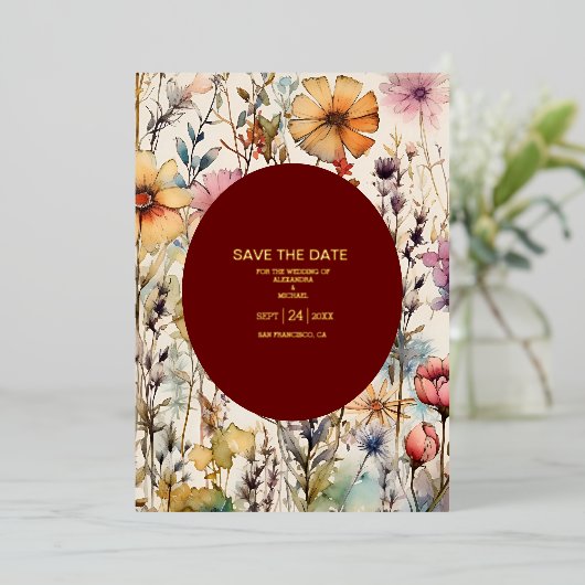 Boho Botanische Waterverf Wildbloemen Weddenschap Folie Uitnodiging (Staand Voorkant)