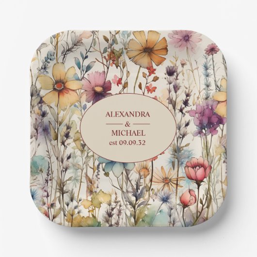 Boho Botanische Waterverf Wildbloemen Weddenschap Papieren Bordje (Voorkant)