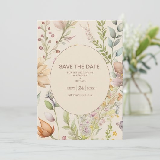 Boho Botanische Waterverf Wildbloemen Weddenschap Save The Date (Staand voorkant)