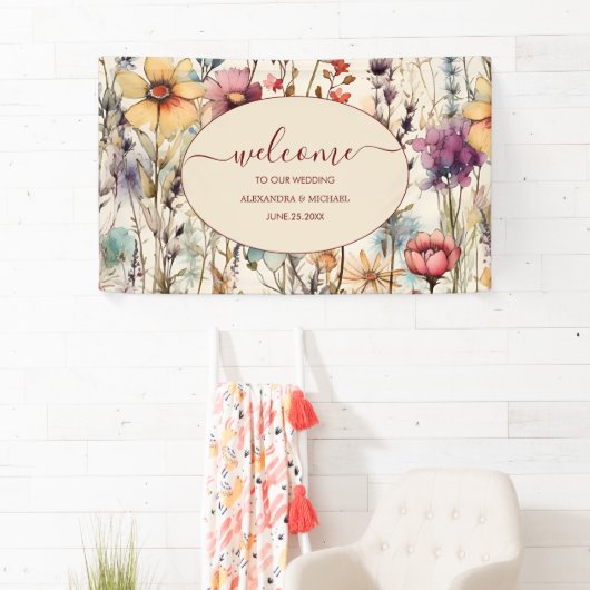 Boho Botanische Waterverf Wildbloemen Weddenschap Spandoek (Insitu)