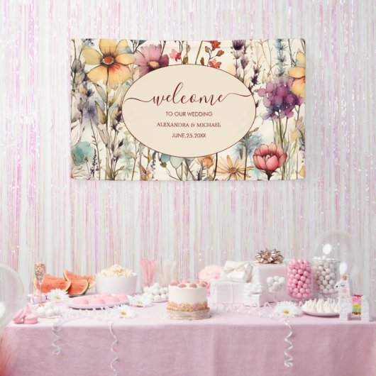 Boho Botanische Waterverf Wildbloemen Weddenschap Spandoek (Feest)