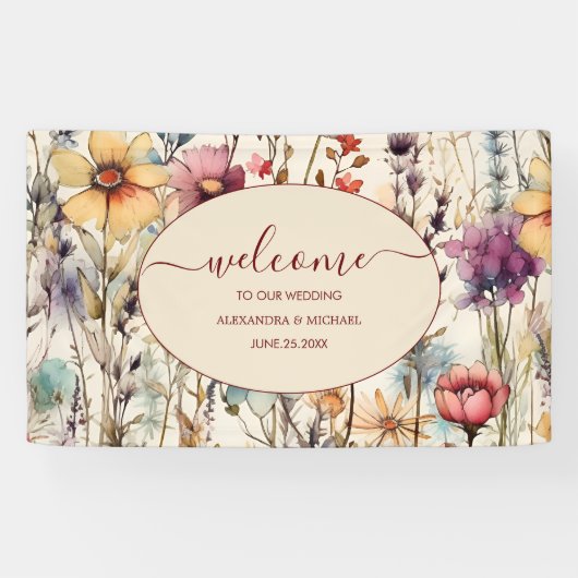 Boho Botanische Waterverf Wildbloemen Weddenschap Spandoek (Horizontaal)