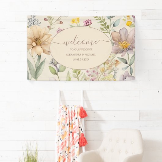 Boho Botanische Waterverf Wildbloemen Weddenschap Spandoek (Insitu)
