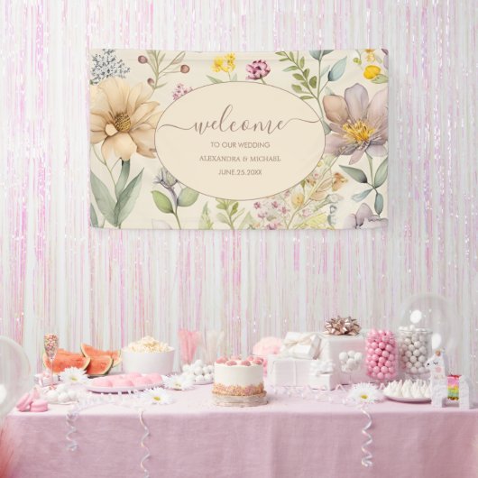 Boho Botanische Waterverf Wildbloemen Weddenschap Spandoek (Feest)