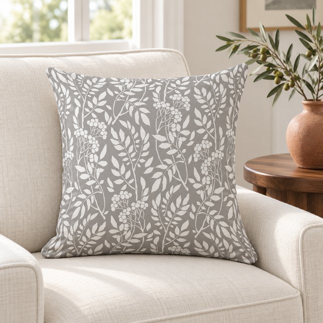 Boho botanische witte bladgrijze kussen (Creator heeft geüpload)