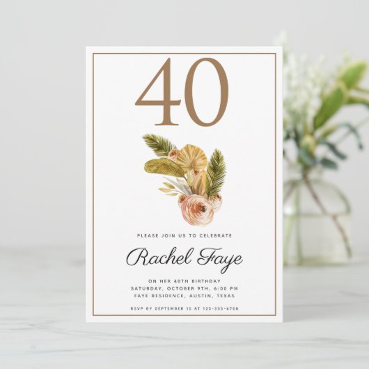 Boho Bouquet 40th Birthday Party Invitation Kaart (Staand voorkant)