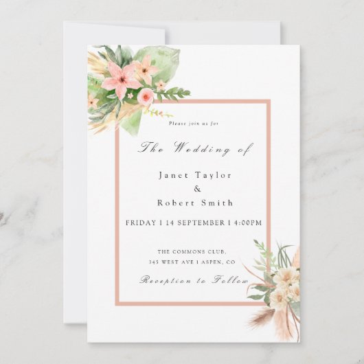  Boho Bouquet met Blush Border Wedding Kaart (Voorkant)