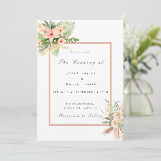  Boho Bouquet met Blush Border Wedding Kaart (Staand voorkant)