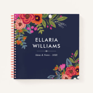 Boho Bouquets - Navy Blue & Coral - Naam Notitieboek