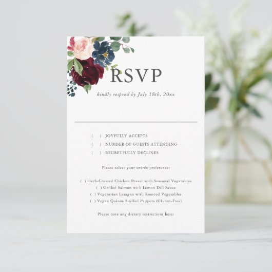Boho Bourgogne Blauwe Bloemen Bruiloft RSVP (Staand voorkant)
