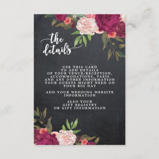 Boho Bourgogne Bloemen Bruiloft Informatie Kaart (Voorkant)