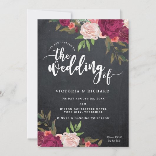 Boho Bourgogne Bloemen Moderne Bruiloft Uitnodigin Kaart (Voorkant)