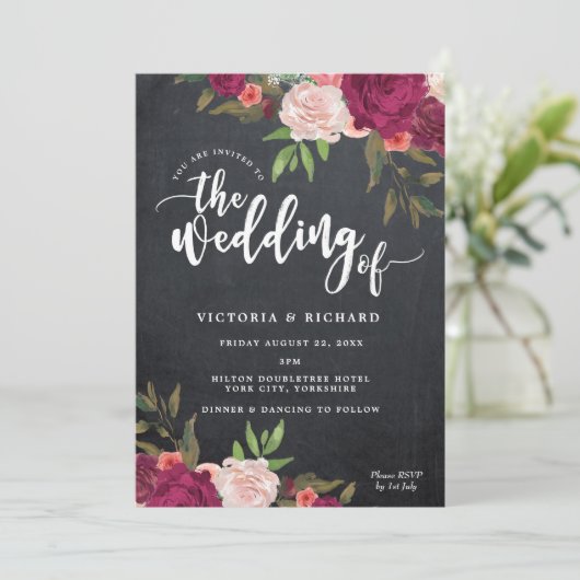 Boho Bourgogne Bloemen Moderne Bruiloft Uitnodigin Kaart (Staand voorkant)