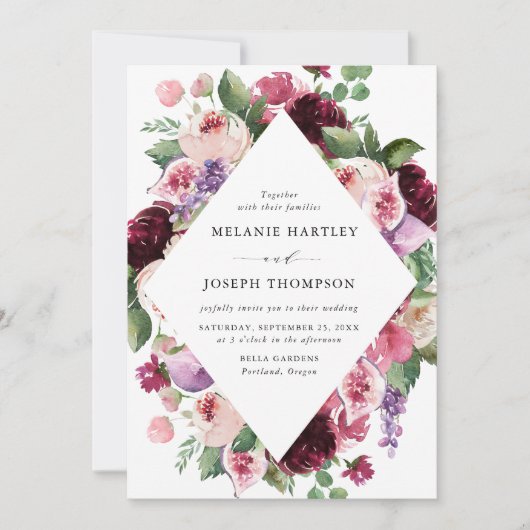 Boho Bourgogne & Blush Bloemen & Fruit Bruiloft Kaart (Voorkant)