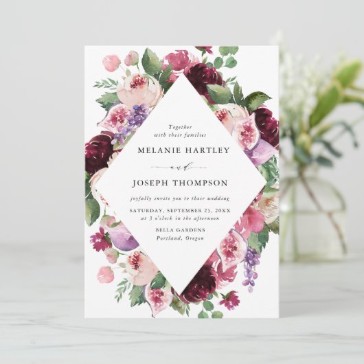 Boho Bourgogne & Blush Bloemen & Fruit Bruiloft Kaart (Staand voorkant)