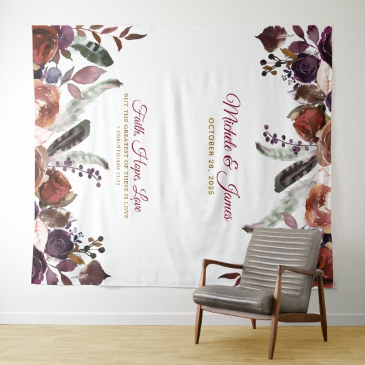 Boho Bourgogne Goud Waterverf Bloemen Bruiloft Wandkleed (In Situ (horizontaal))