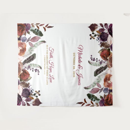 Boho Bourgogne Goud Waterverf Bloemen Bruiloft Wandkleed (Voorkant (horizontaal))