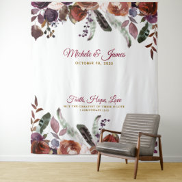 Boho Bourgogne Goud Waterverf Bloemen Bruiloft Wandkleed