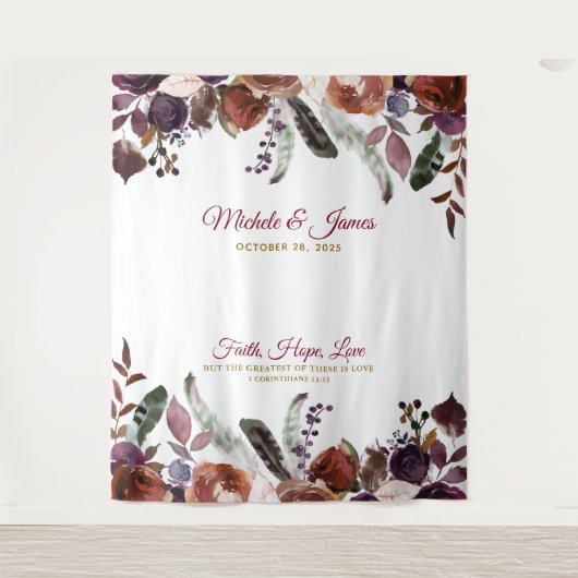 Boho Bourgogne Goud Waterverf Bloemen Bruiloft Wandkleed (Voorkant)