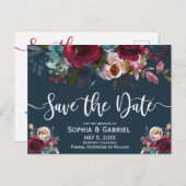Boho Bourgogne Marsala Navy Bloemen Save the Date Aankondigingskaart (Voorkant / Achterkant)