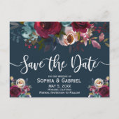 Boho Bourgogne Marsala Navy Bloemen Save the Date Aankondigingskaart (Voorkant)