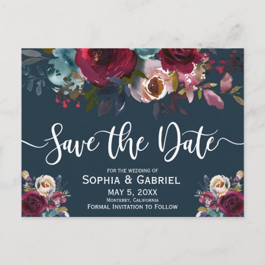 Boho Bourgogne Marsala Navy Bloemen Save the Date Aankondigingskaart (Voorkant)