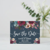 Boho Bourgogne Marsala Navy Bloemen Save the Date Aankondigingskaart (Staand voorkant)