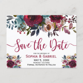 Boho Bourgogne Marsala Navy Bloemen Save the Date Aankondigingskaart