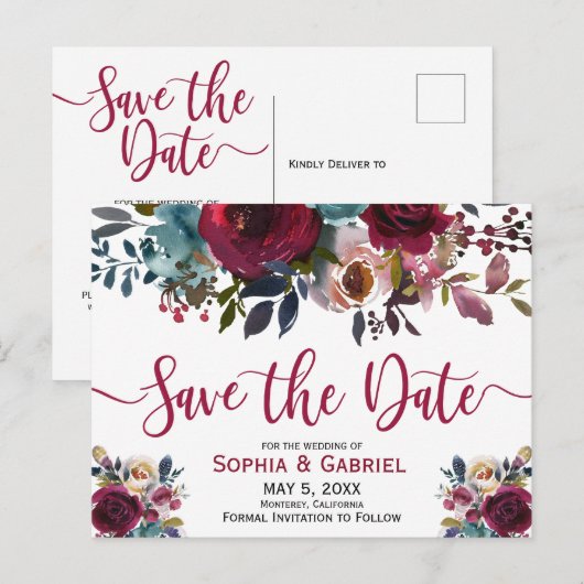 Boho Bourgogne Marsala Navy Bloemen Save the Date Aankondigingskaart (Voorkant / Achterkant)