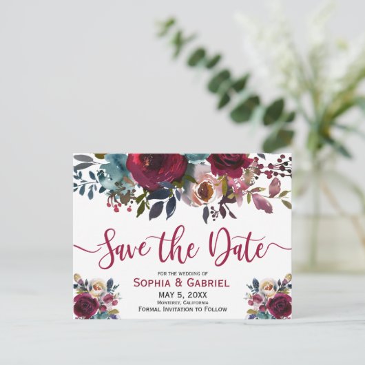 Boho Bourgogne Marsala Navy Bloemen Save the Date Aankondigingskaart (Staand voorkant)