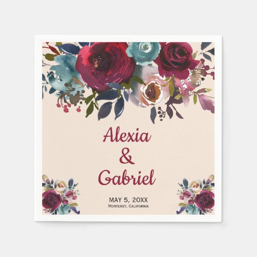 Boho Bourgogne Marsala Rode Marine Bloemen Huwelij Servet (Voorkant)