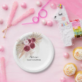 Boho Bourgogne Pampas Grass Aangepast dessert Papieren Bordje (Feest)