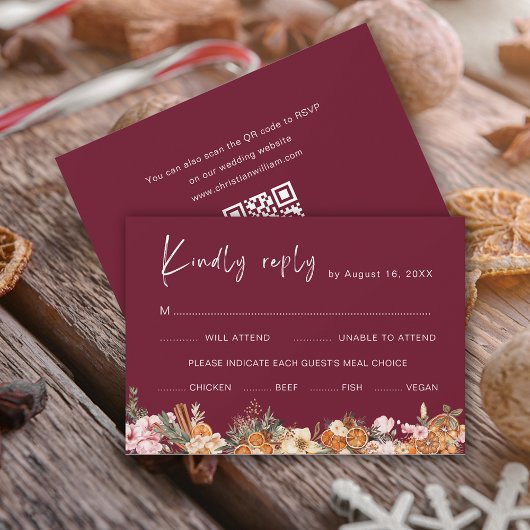 Boho Bourgogne Winter Vakantie Bruiloft QR Code RSVP Kaartje