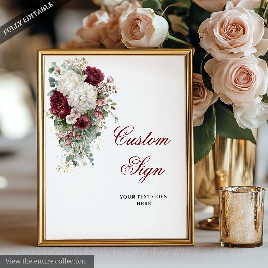 Boho Bourgogne Wit Elegant Bloemen Trouwbord Poster